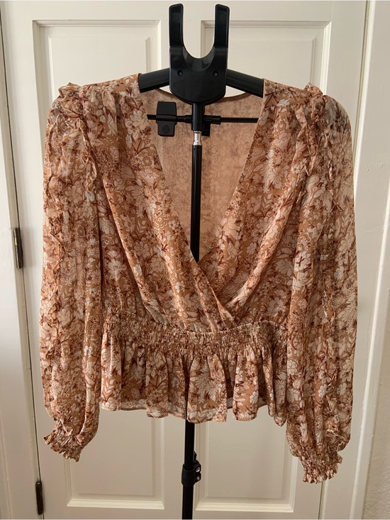 Express Tops - Express Tan Floral Peplum Blouse